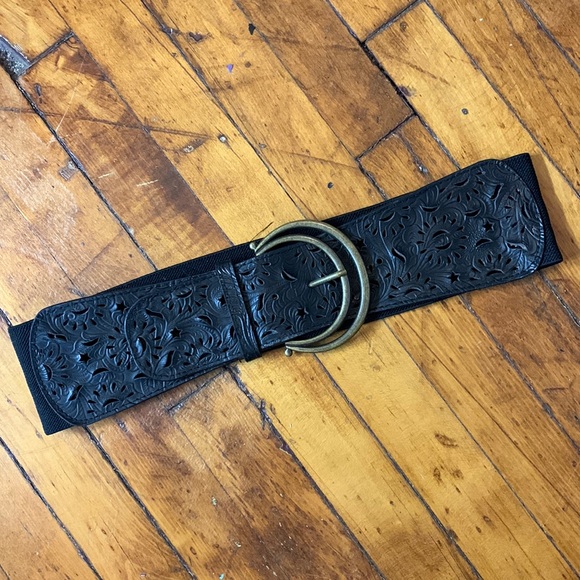 Black and Brass, Elastic Band and Embossed Perforated Pleather, Floral and Stars - Picture 2 of 3